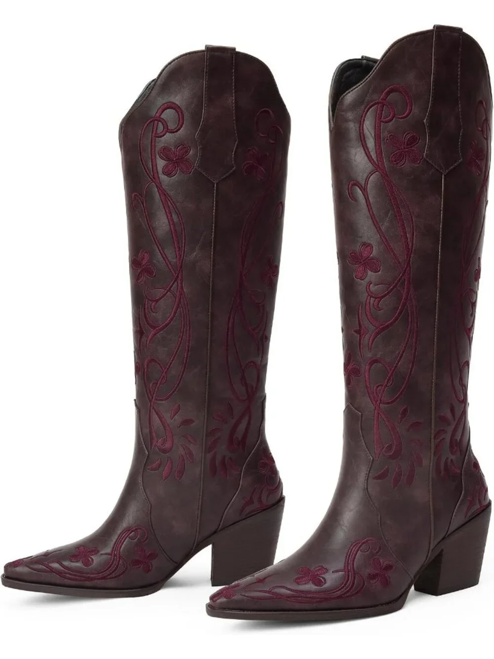 Women's Dark Purple pu Knee High Floral Embroidered Vintage Cowgirl Boots